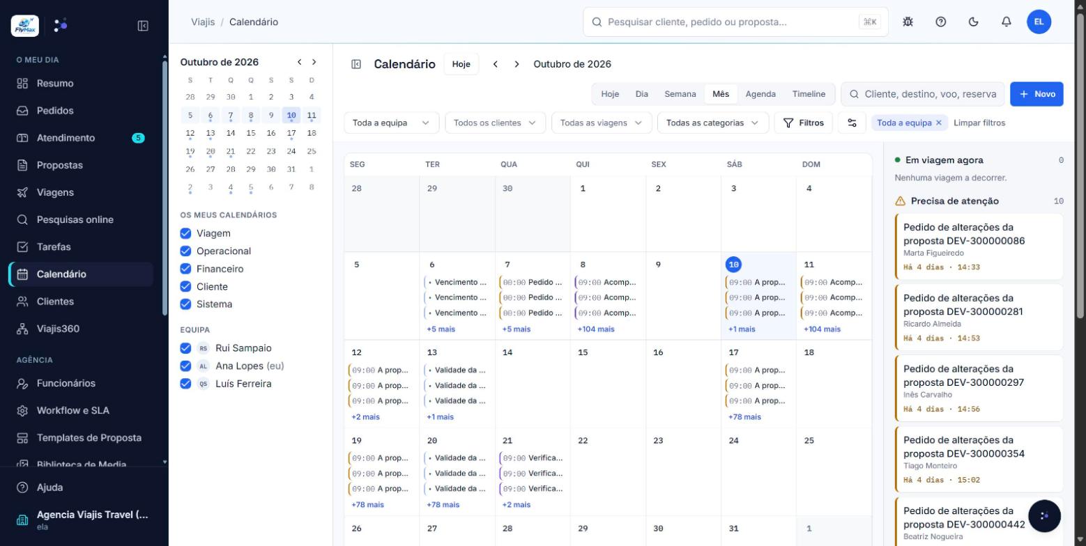 Viajis calendar in month view, with proposal deadlines and a side panel showing what needs attention