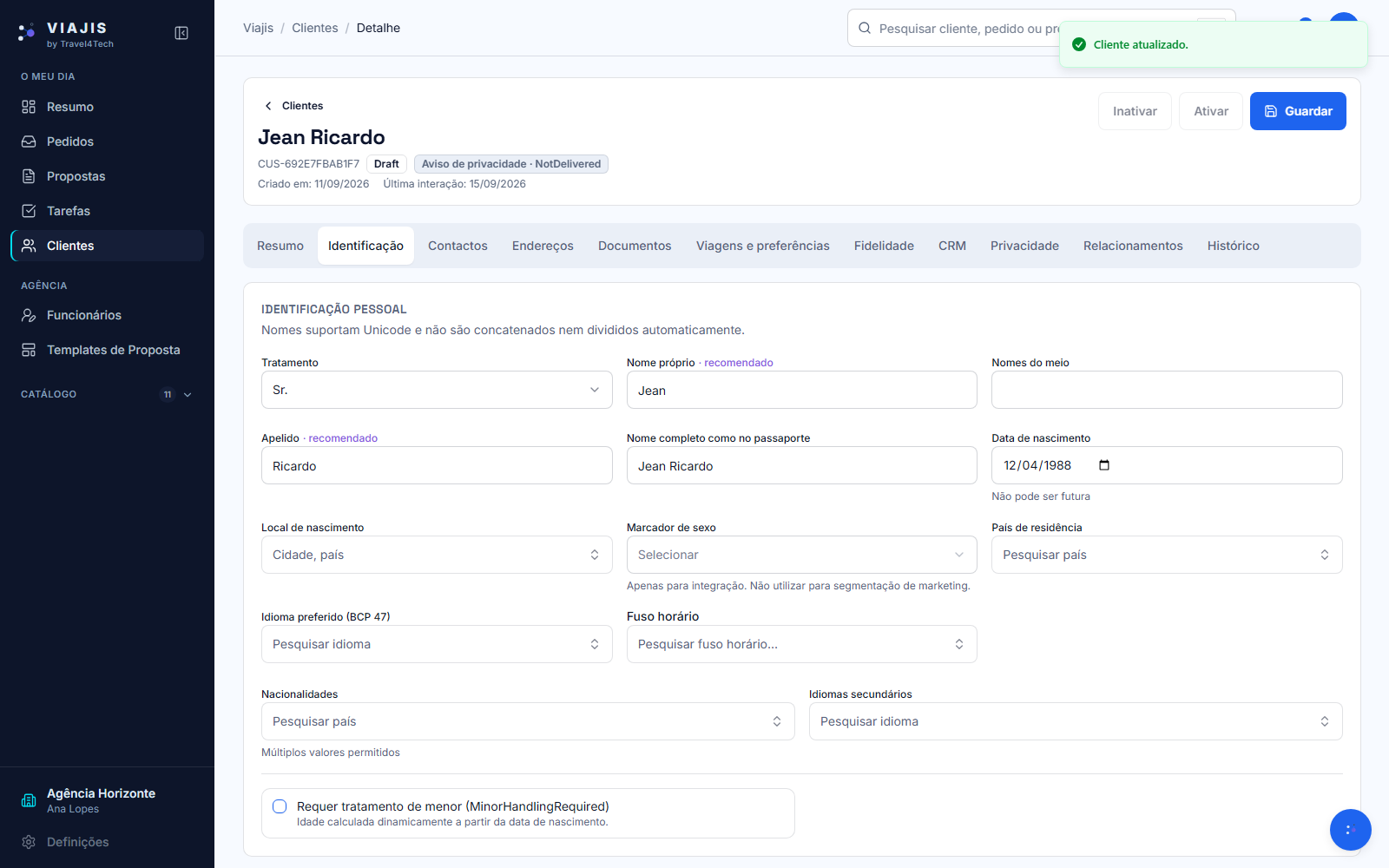 Real Viajis customer profile with identification details filled in and saved