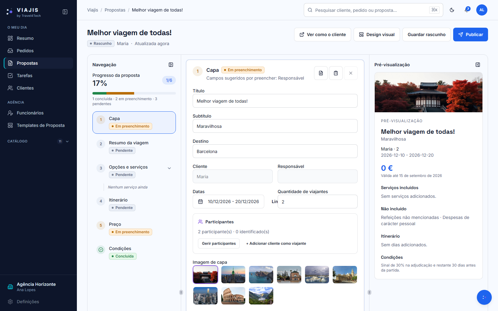 Viajis proposal editor with a live preview panel and progress tracker
