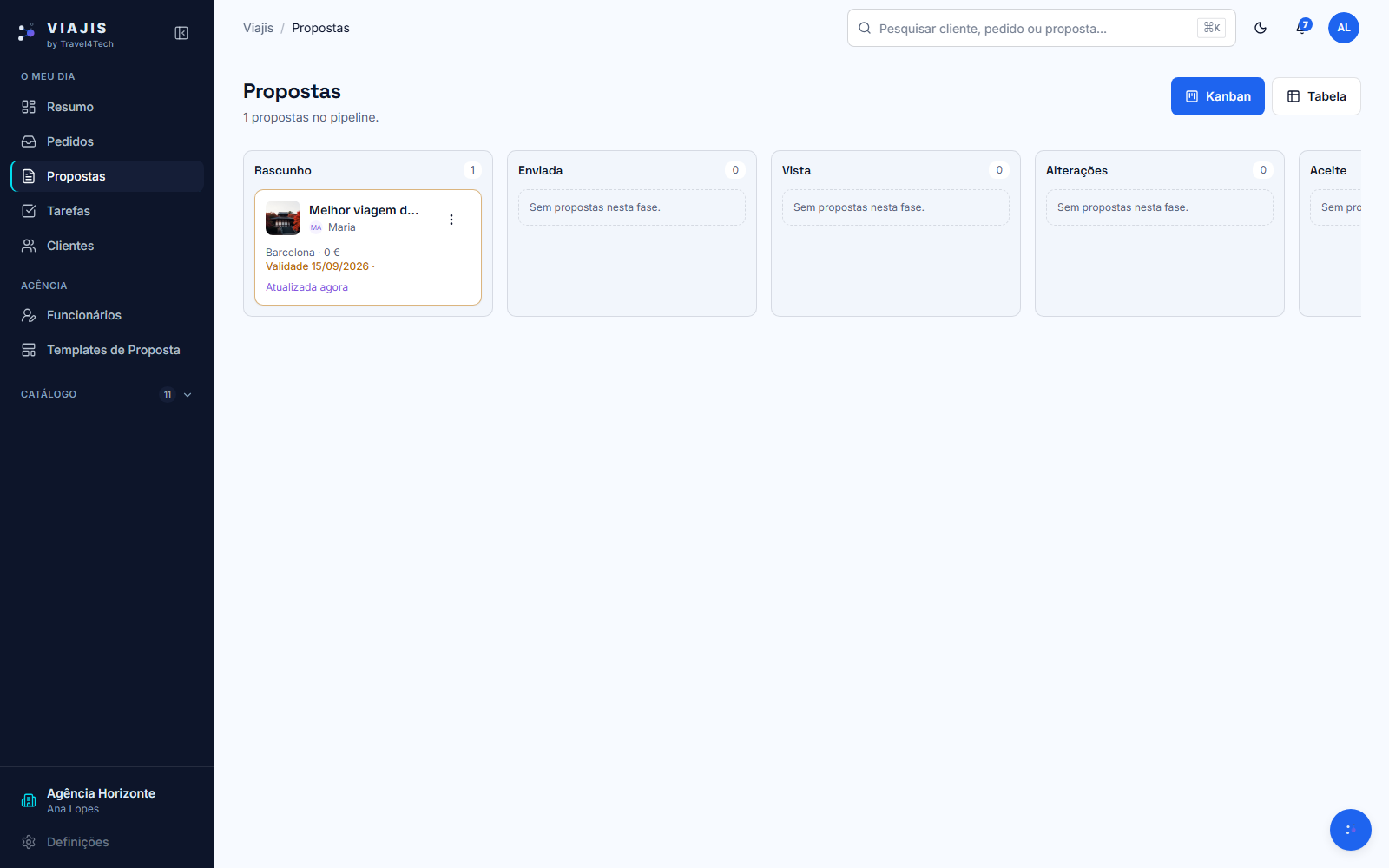 Real Viajis Kanban board tracking a proposal through the sales pipeline