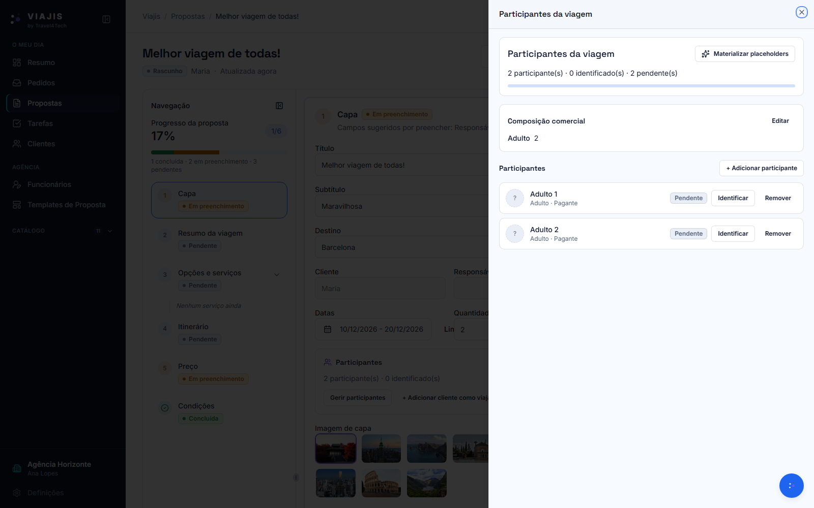 Viajis travel-party panel showing travelers shared across every service in the trip