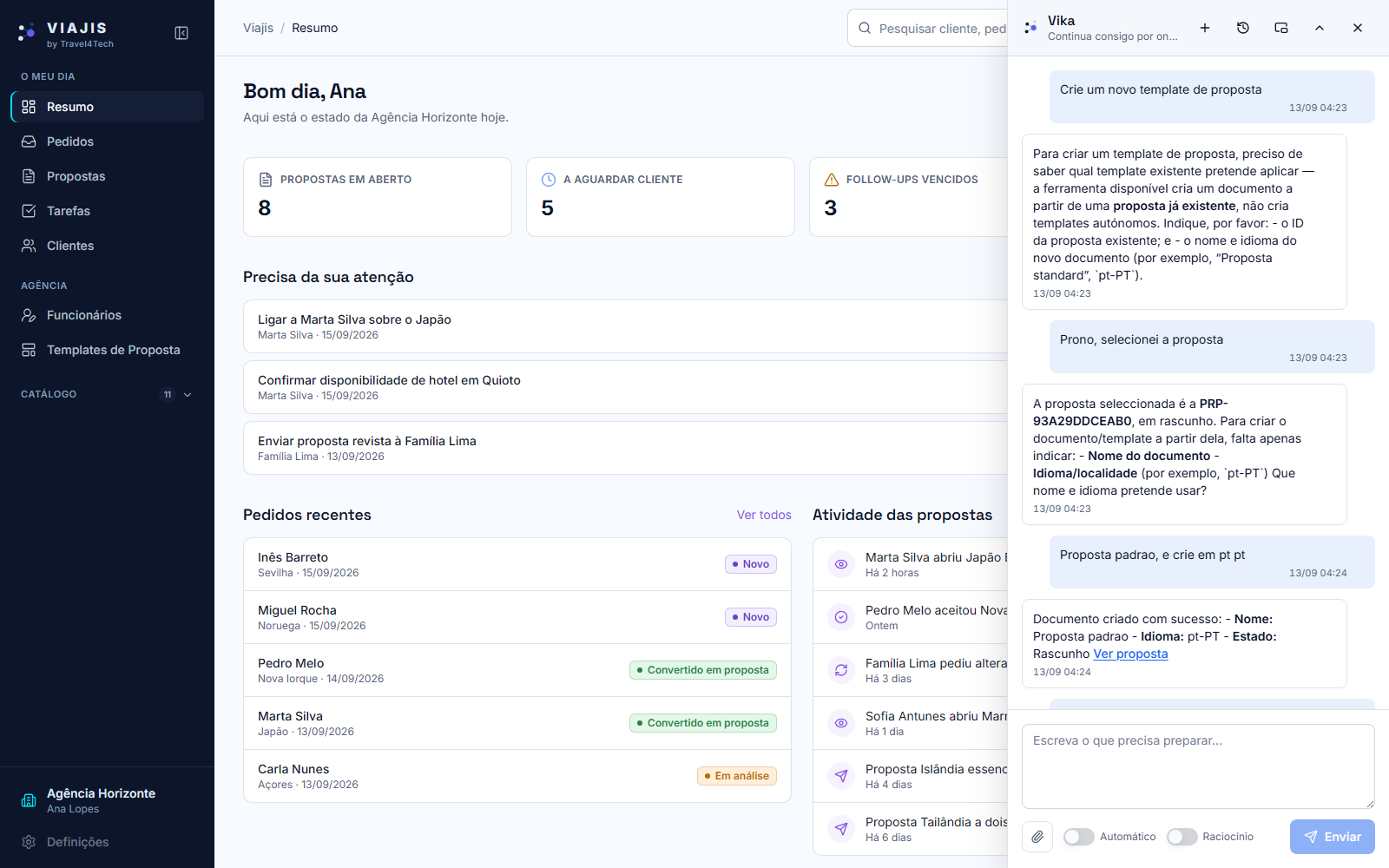 Real conversation with Vika, the Viajis AI assistant, confirming a proposal document was created